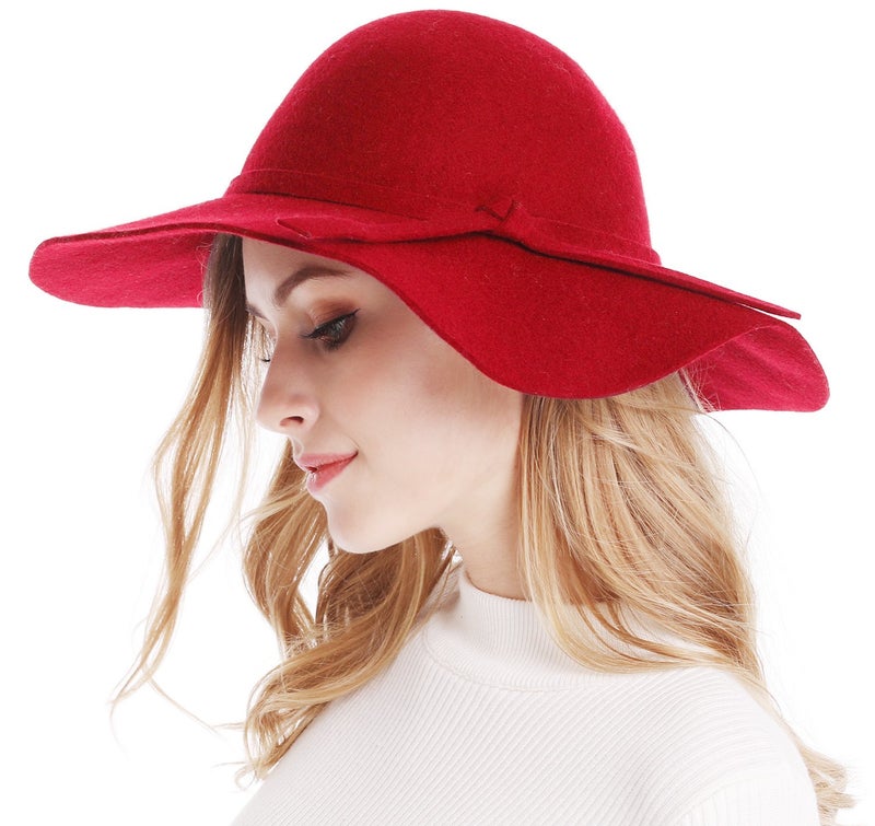 Bienvenu Floppy Hats for Women, Ladies Goth Fall Fedora Hat, Wide Brim Wool Felt Sun Hat,Red - Image 4